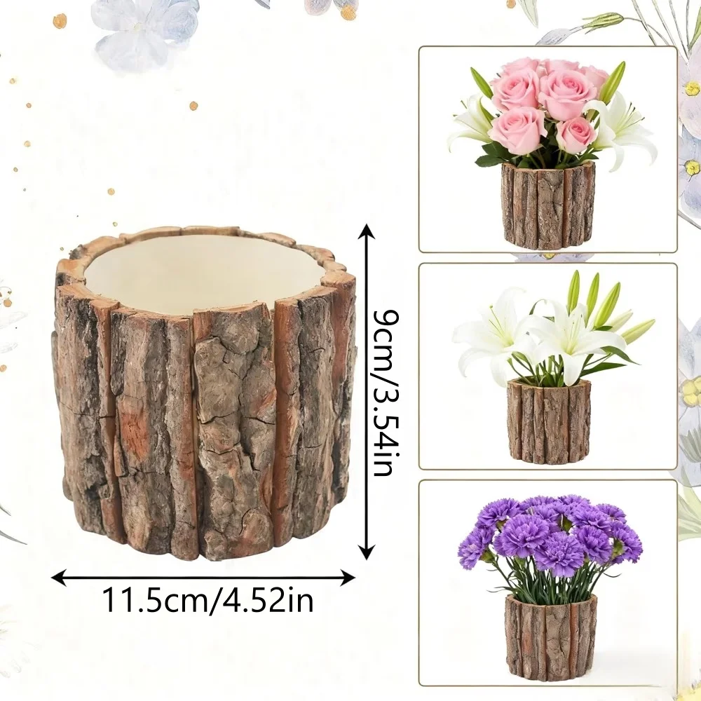 Resin Imitation Wood Plant Pot Vintage Round Decorative Style Flowerpot Fake Tree Bark Plants Creative Container Flower Pots