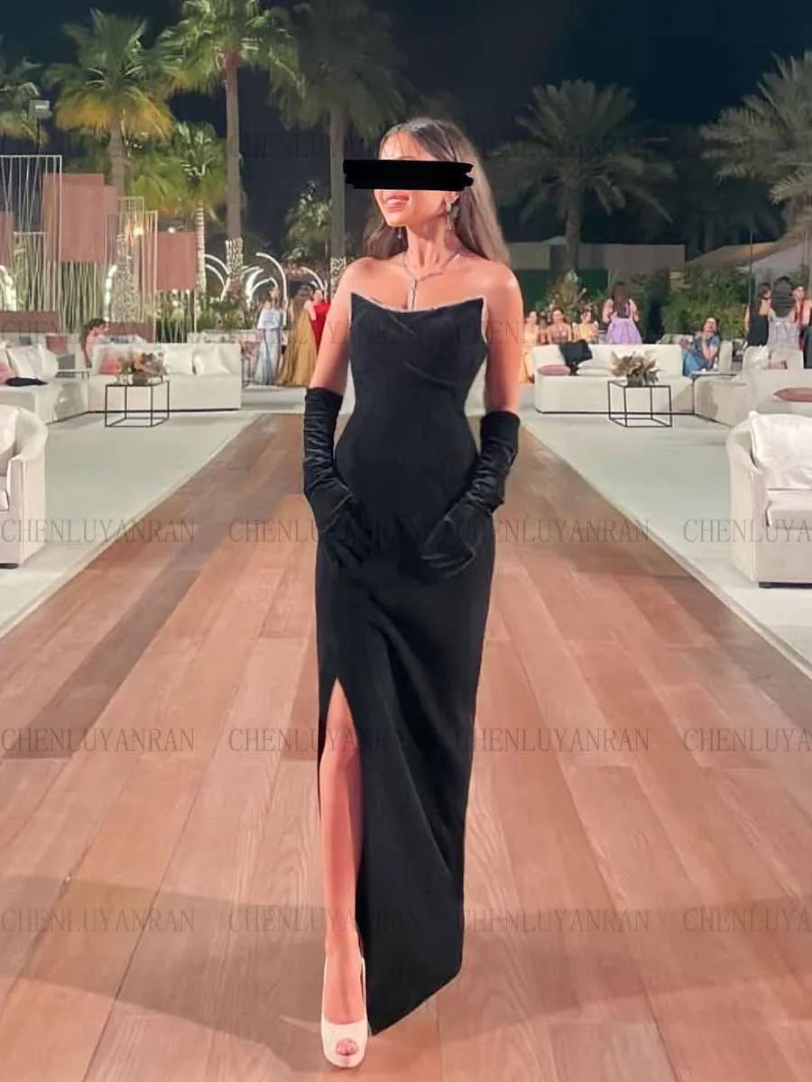 

Mermaid Velour Formal Occasion Dresses 2023 Strapless Sexy Party Dress Black Beading Slit Sexy Evening Gowns فساتين السهرة