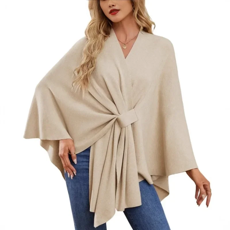 

Knit Wrap Poncho with Self - Tie Belt Elegant & Cozy Outerwear Cape Dress Hooded Cloak Cardigan Women