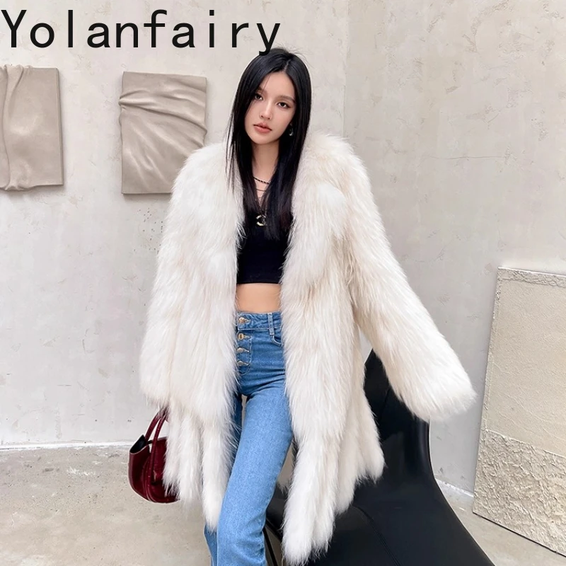 

YOLANFAIRY осенне-зимнее белое шуба с арктическим лисьим мехом, меховой воротник с длинными рукавами, плетение, пальто в стиле поездок на работу, меховая куртка 2025