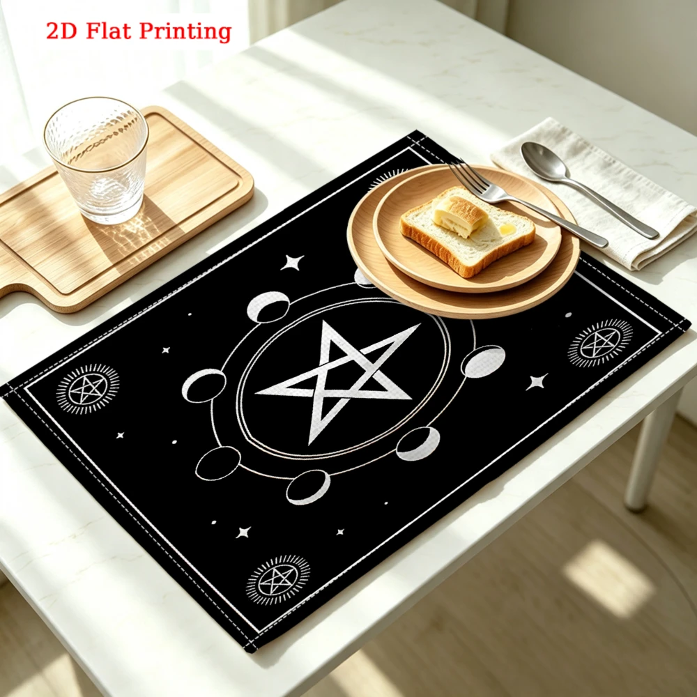 2Pcs Gothic Pentagram Placemat Black Moon Phase Star Print Table Mat Kitchen Dining Decor Non Slip Heat Resistant 30X40Cm