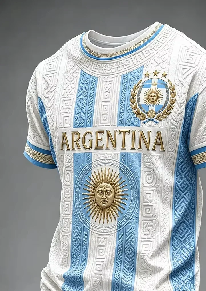 Unisex Argentina Football Jersey Striped Print Sun Pattern Gold Letters Three Stars Crown 2026 Team Logo Fans Football Shirt