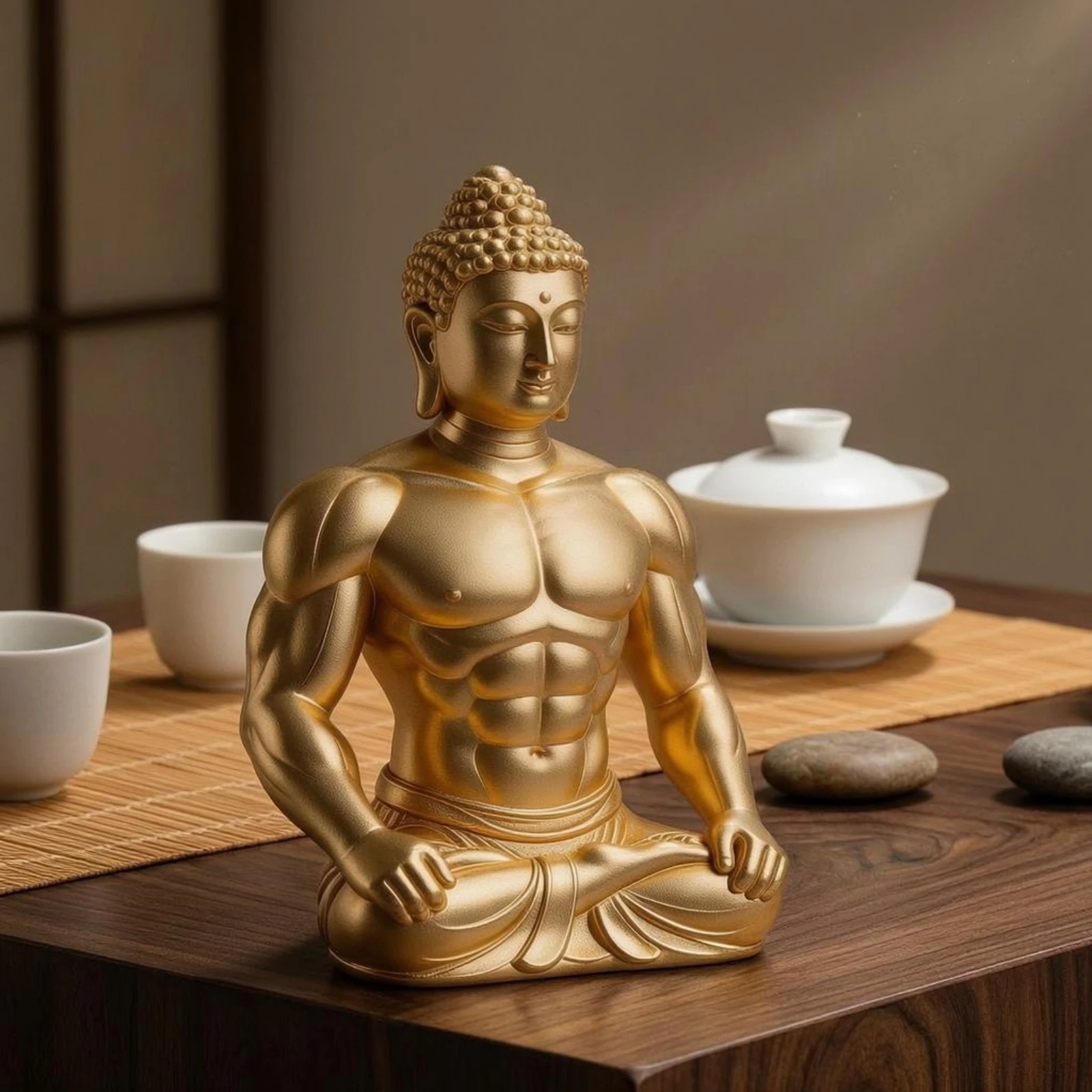 Tranquil Muscle Buddha Ornament Creative Design Muscular Buddha Statue Hand-Polished Resin Desktop Ornament for Fitness Enthusia