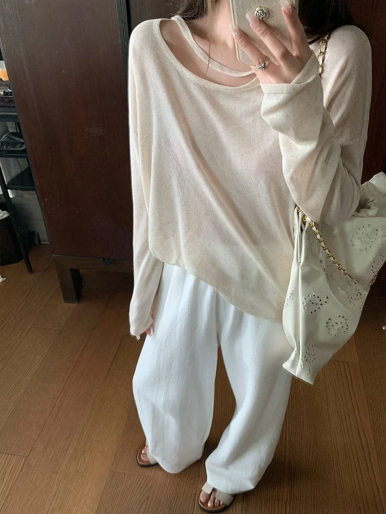 

Летняя тонкая вязаная футболка с открытыми плечами, женская, свободного кроя, с длинным рукавом, для повседневной носки, с оригинальным дизайном.