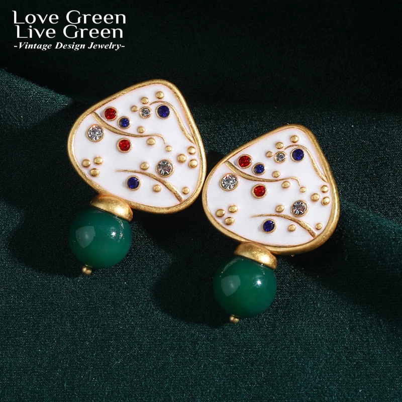

Vintage White Stud Earring Green Agate Triangle Enamel For Woman Accessories Gold Color Rhinestone Wedding Jewelry Luxury 2026