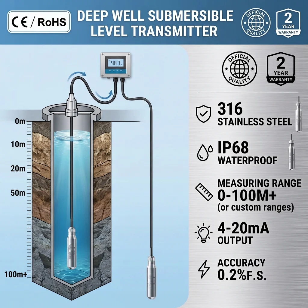 SS304 probe Submersible Level sensor 4-20mA Hydrostatic transmitter 20m 50m 100m 50m DC24V Water Tank Liquid Transducer Meter