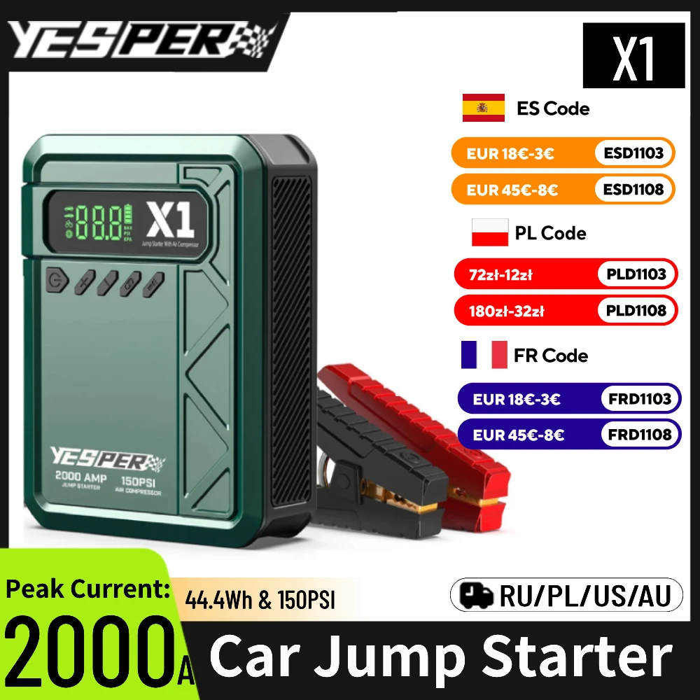 YESPER X1 Car Jump Starter 12V Car Battery Emergency Booster 150PSI Air Compressor 12000mAh Power Bank Starting Device  for 8/6L