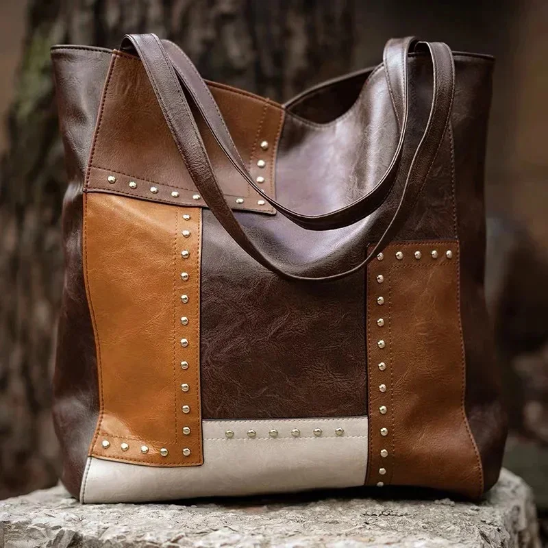 Fashion Soft Leather Women's Handbag Vintage Contrast Color Shoulder Bag Large Capacity Female Tote