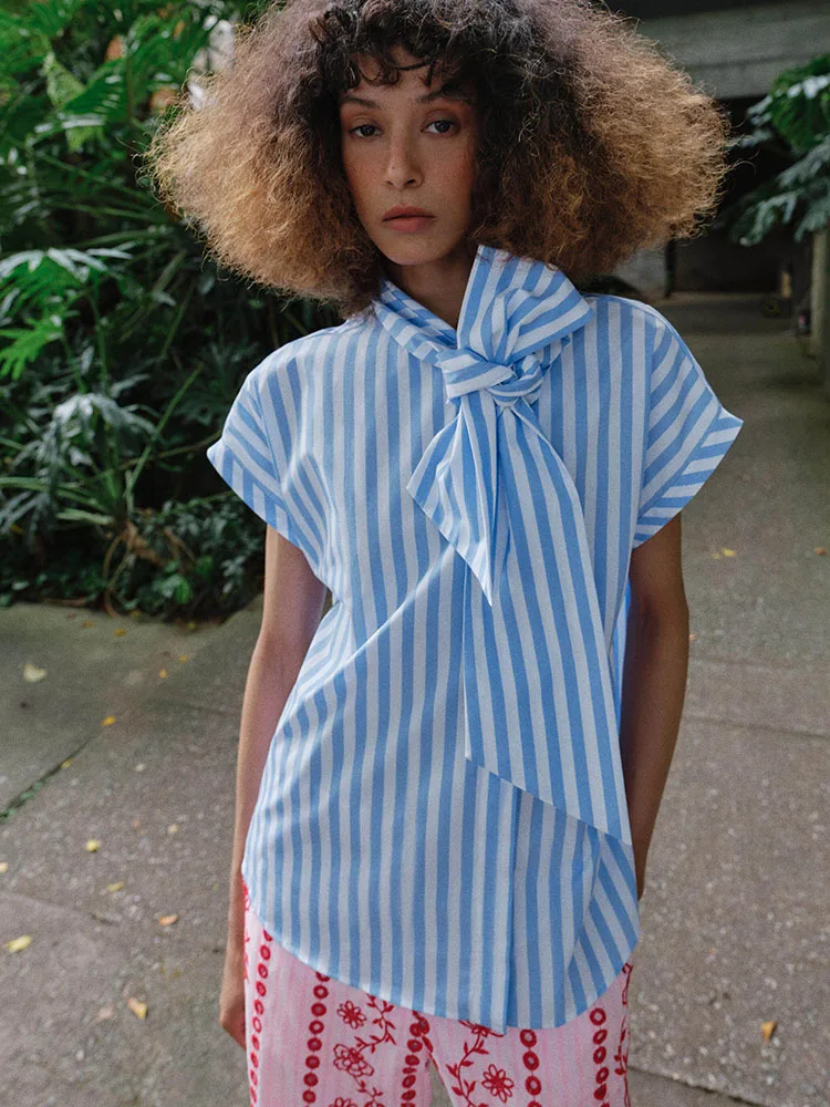

Summer 2026 New Sweet Short Sleeve Stand Collar Knot Striped Shirt Women's Fashion Tang Costume Stage Clothing