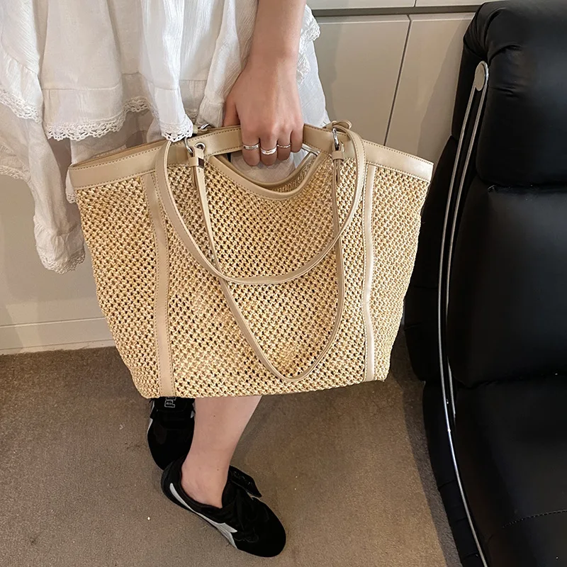 

2025 Casual Fashion 2 Pcs /Set Grass Woven Tote Bag Large Capacity Hand-held Beach Handbag Summer Travel Lafite Straw Armpit Bag