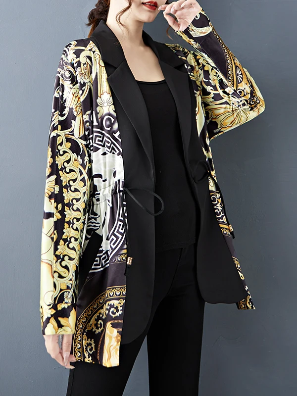 패셔너블한 한국 스타일 프린트 패치워크 실크 수트 재킷 여성용 가을 신상품 브랜드 아우터웨어