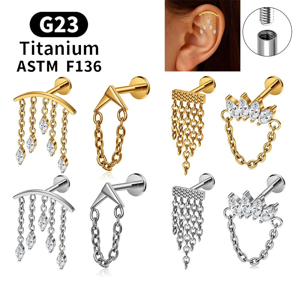 ASTM F136 Titanium 16G CZ Drape Chain Flat Back Stud Internal Thread Ear Cartilage Earrings Tragus Helix Conch Piercing Jewelry