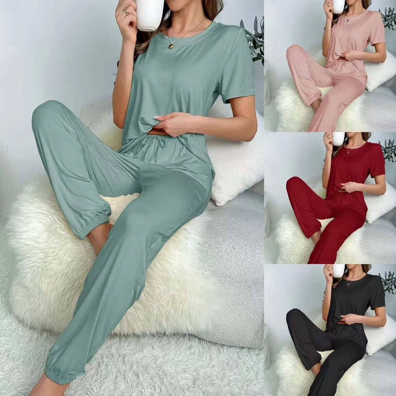 

Solid Color Women's Pajamas Set Short Sleeve O Neck T-Shirt+Trousers 2 Pieces Suit Sleepwear Soft Loose Pijama Female Loungewear
