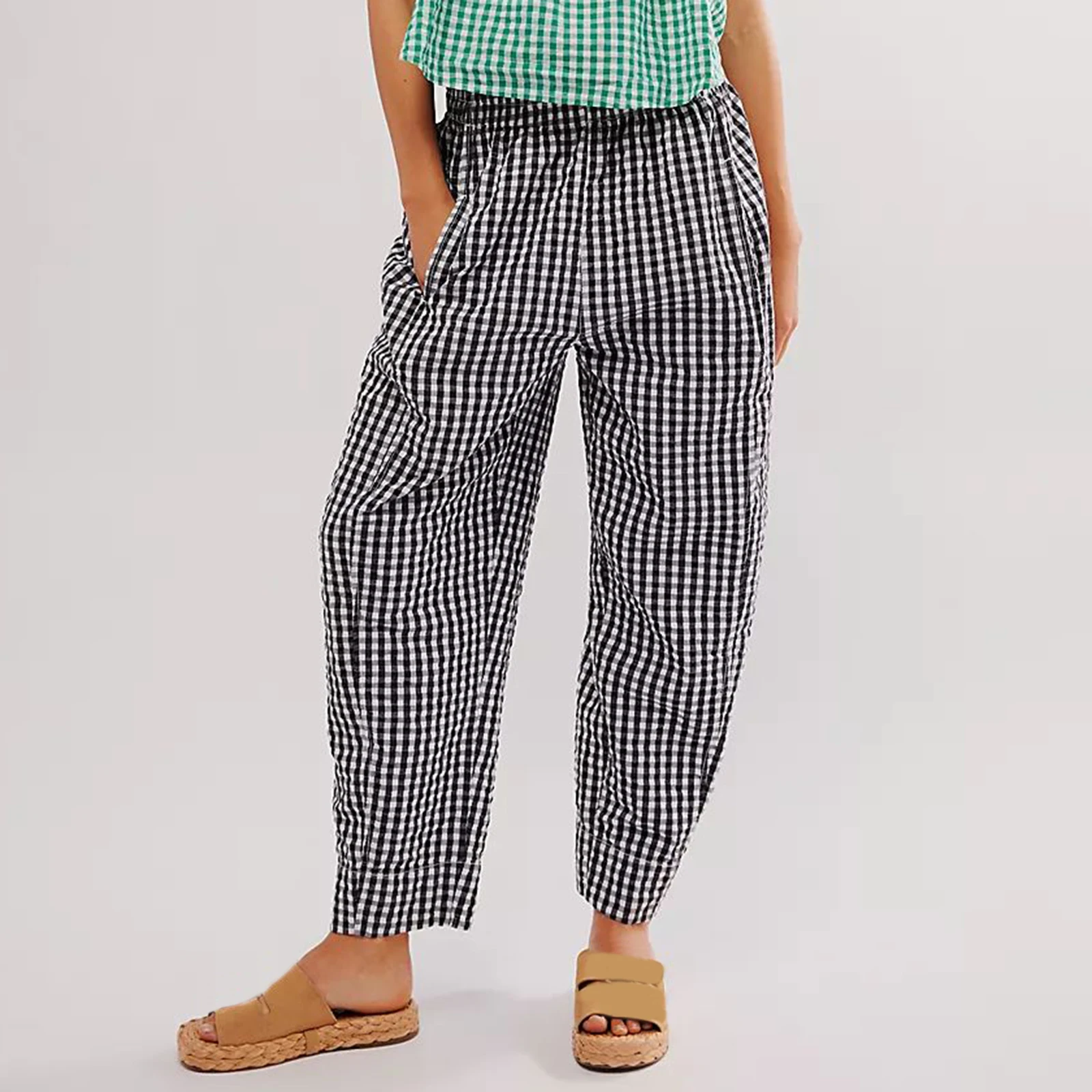 

Women's Spring Summer Baggy Pants Elastic Waistband Wide Leg Plaid Pants with 2 Pockets Gingham Striped Print Pajama Trousers