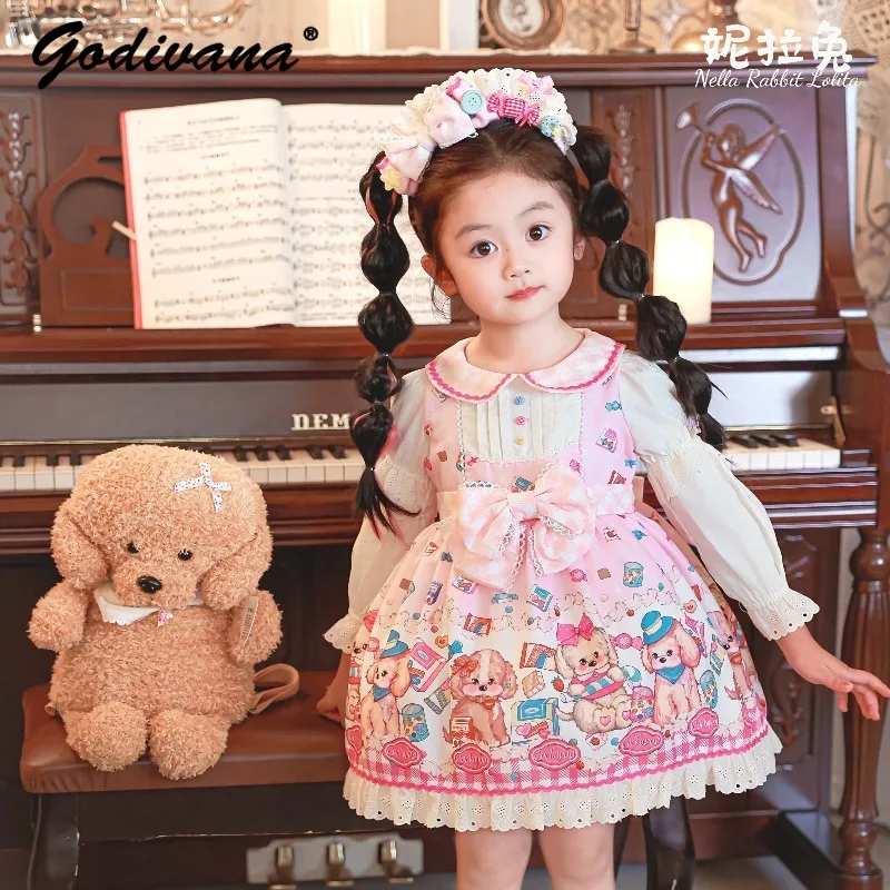 Original 2026 New Cute Sweet Little Girl Lolita Princess Dress Cartoon Puppy Print O-neck Lace Edge Bow Long Sleeve Short Dress