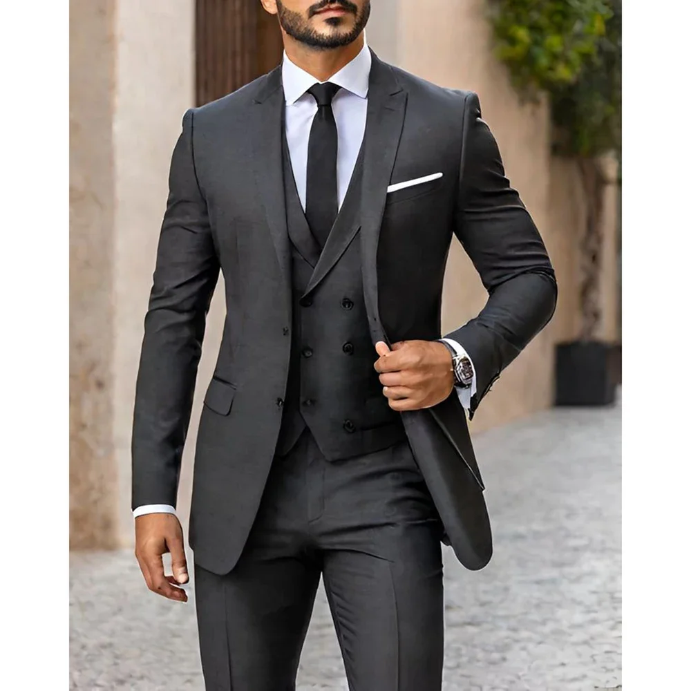 Elegant Peak Lapel Single Breasted Men Suits Slim Fit High Quality 3 Piece Jacket Pants Vest Full Sets Luxury Male Clothing 2024