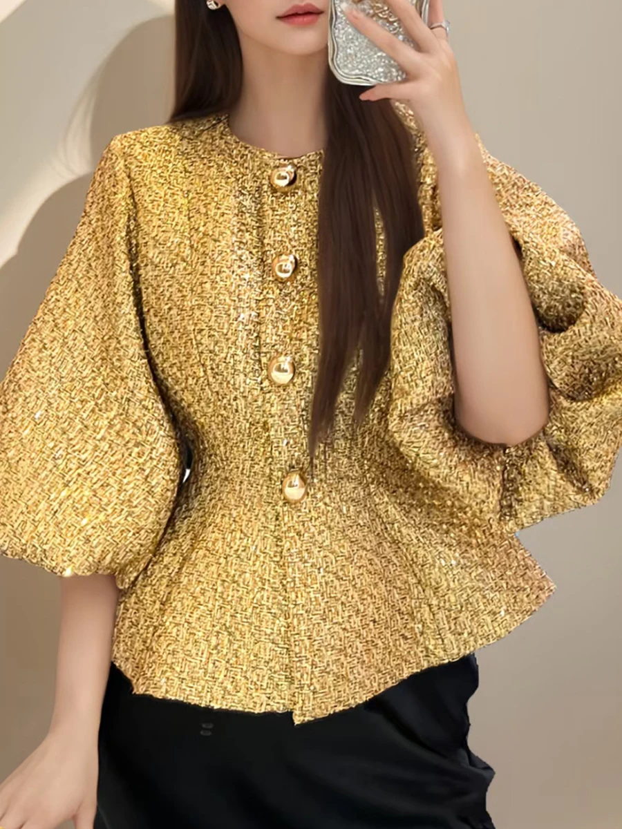 TWOTWINSTYLE Solid Slimming Temperament Coats For Women Round Neck Lantern Sleeve Tunic Patchwork Single Breast Jacket Female