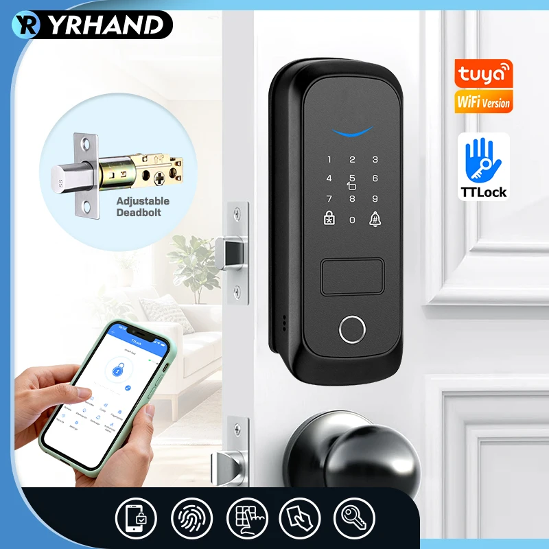 YRHAND Smart Deadbolt Lock Fingerprint Tuya WiFi App Remote Control Keyless Entry Door Lock with Code Card Key for Home Security