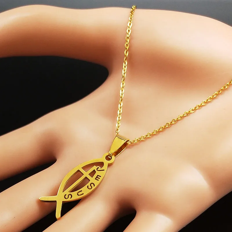Christian Fish JESUS Cross Stainless Steel Pendant Necklacese for Men Women Gold Color Chain Jewelry collar de pez jesus N1482