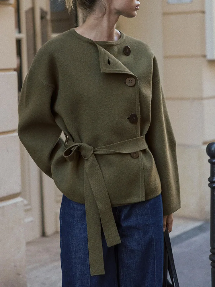 

Fall 2025 Knitted ort Coat Women's Ele Faionable Belted Outerwear round Ne Open Cardigan Sle Fem Apparel