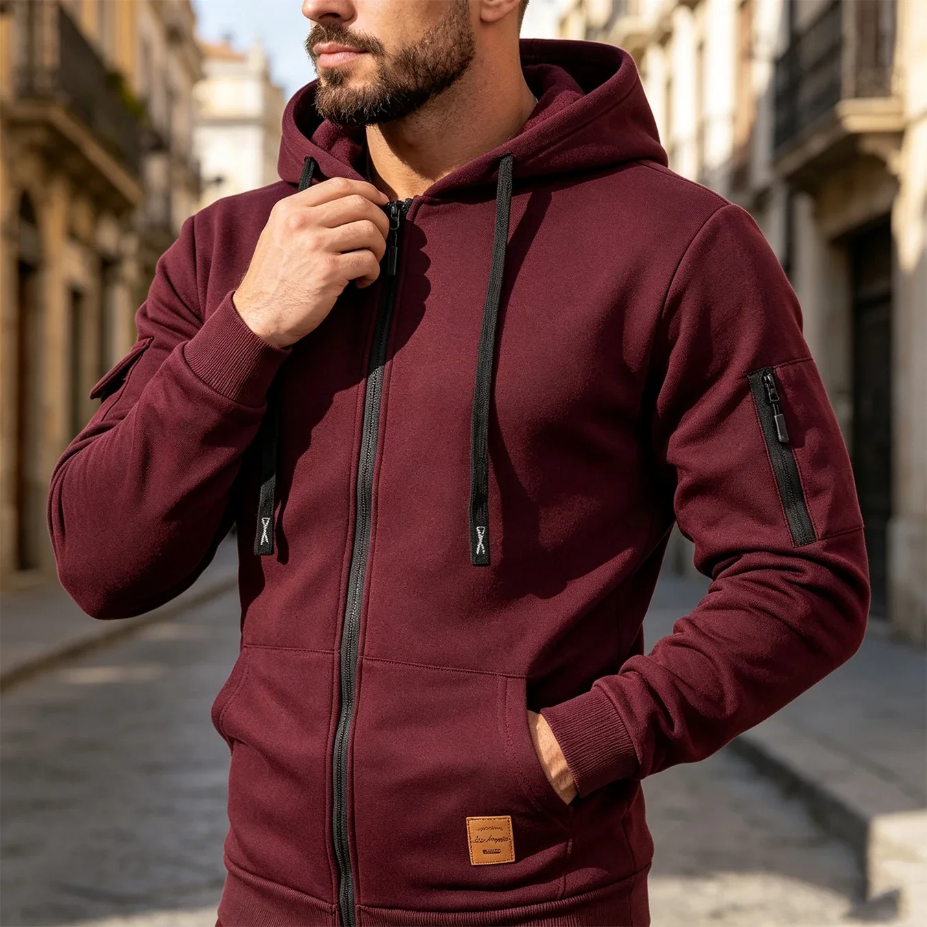 Mens Full Zip Hoodie Multi Pockets Drawstring Hooded Jacket Leather Label Long Sleeve Daily Casual Outer Tops