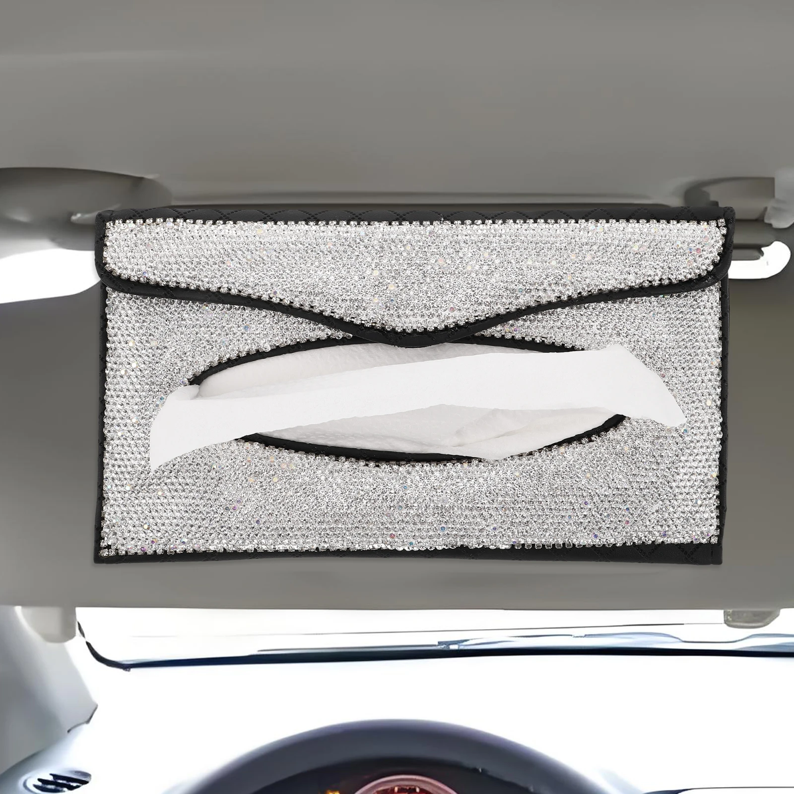 

Creative Rhinestone Bling Storage Box For Durable Pu Rectangle Box Cover Car Visor Tissue Sparkly Car Accessories For Women Easy