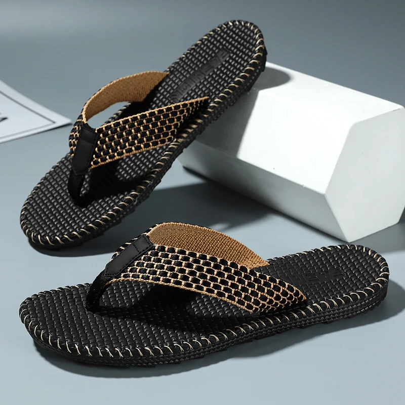 

Men's Flip Flops Summer Ightweight Rubber Woven Slippers Casual Outdoor Sandals Breathable Anti Slip Beach Shoes Zapatillas Male