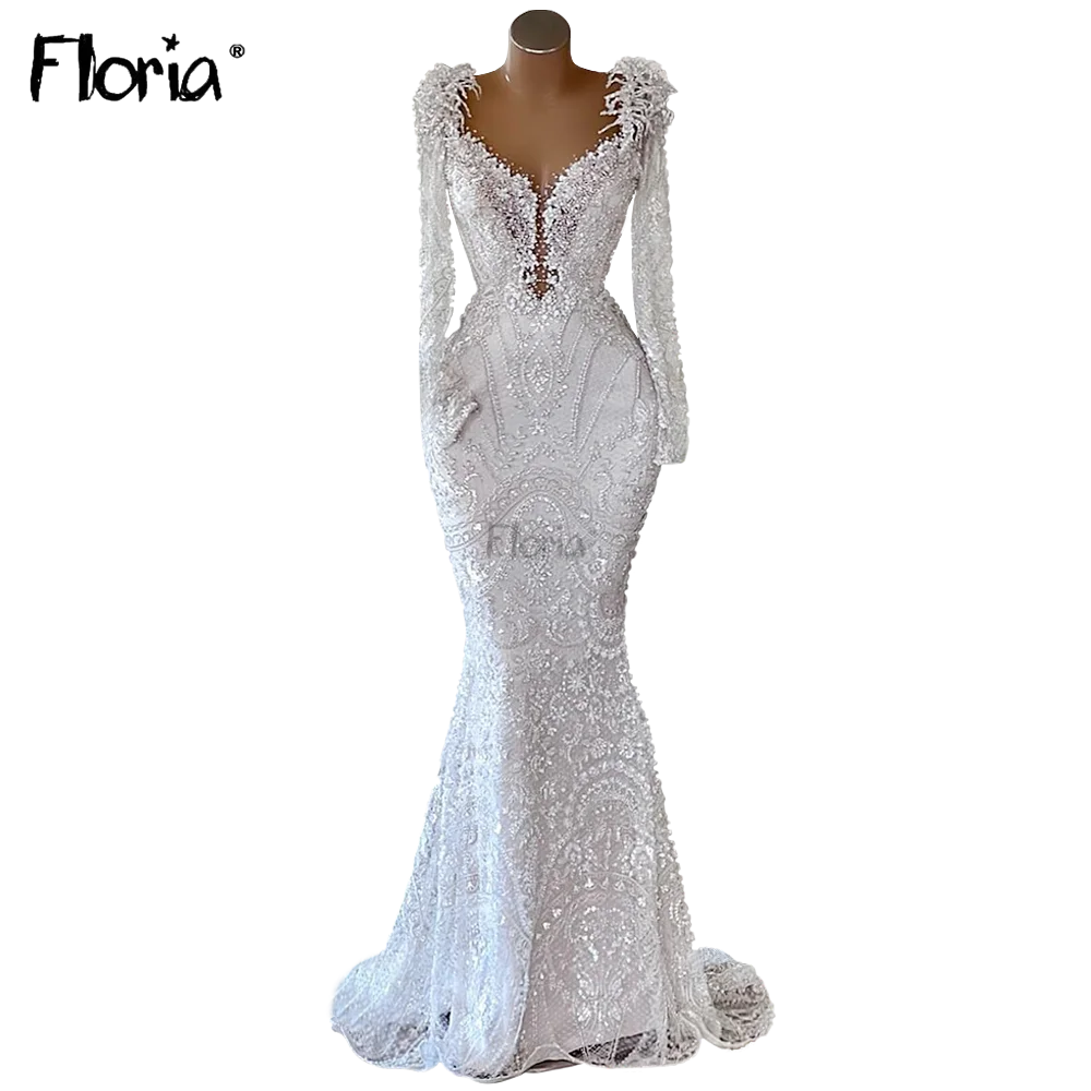 Abito da sera formale a maniche lunghe con scollo tondo bianco abito da sera per feste di matrimonio con perline complete abiti arabi su misura De Noche