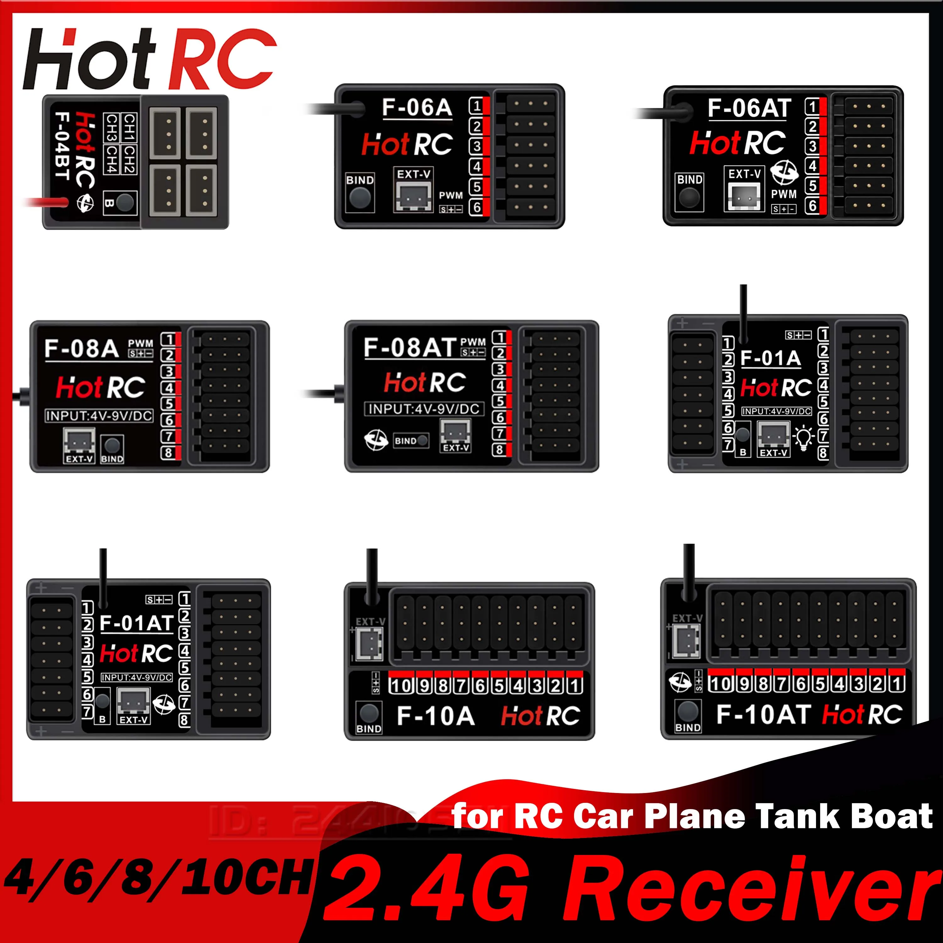HotRC 4/6/8/10CH F-10AT F-01AT F-08AT F-06AT F-04BT 2.4G Receiver Gyro Voltage Return Lamp Control for RC Car Plane Tank Boat