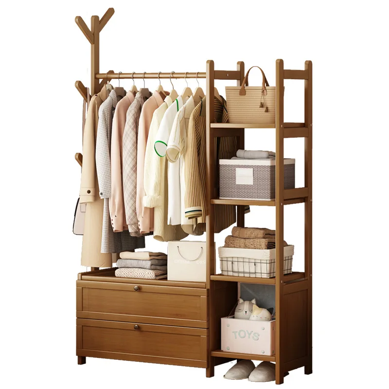 

Solid wood bold hanger indoor floor hanger new Chinese coat rack with shelf drawer bedroom storage cabinet