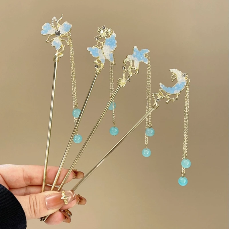 

Blue Broken Crystal Hairpin Women's Ancient Style Su Qing New Ocean Series New Chinese Hairpin