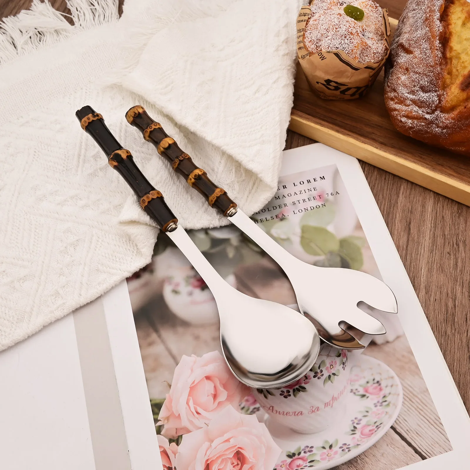 2Pcs Black Silver Dinnerware Stainless Steel Cutlery Wood Bamboo Handle Food Serving Salad Spork Server Fork Spoon Tableware Set