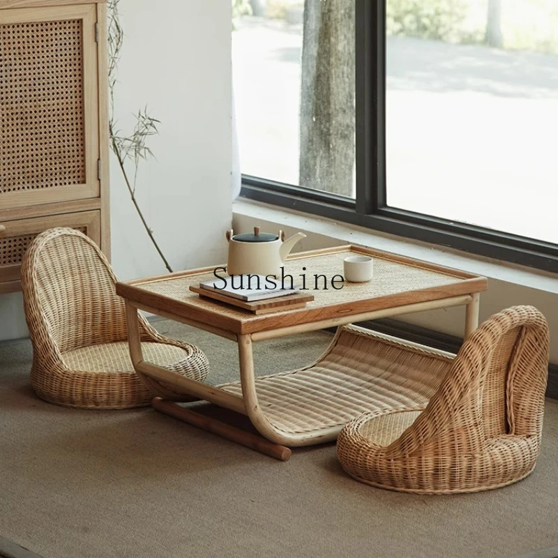 

Japanese bay window coffee table small apartment balcony kang table solid wood tatami bedroom sitting rattan