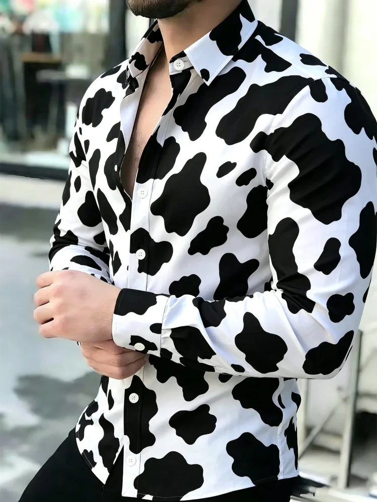 Men's Black and White Cracked Stone Print Long Sleeved Lapel Shirt Abstract Marble Texture Trendy Casual Flower Shirt