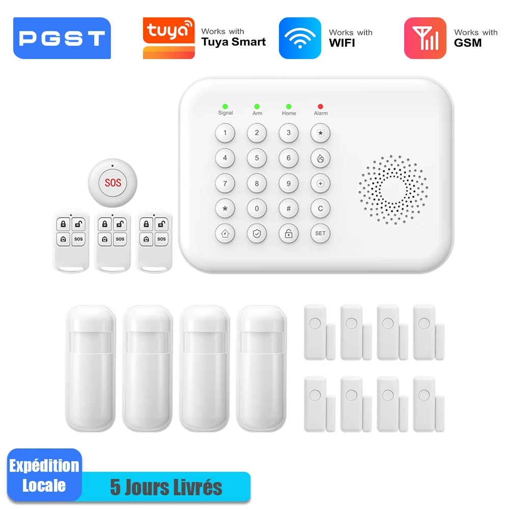 PGST système alarme anti vol WiFi 2G GSM Works with Tuya Smart Life pack sécurité sans fil intelligent protection domicile local commercial capteurs porte fenêtre surveillance à distance par téléphone