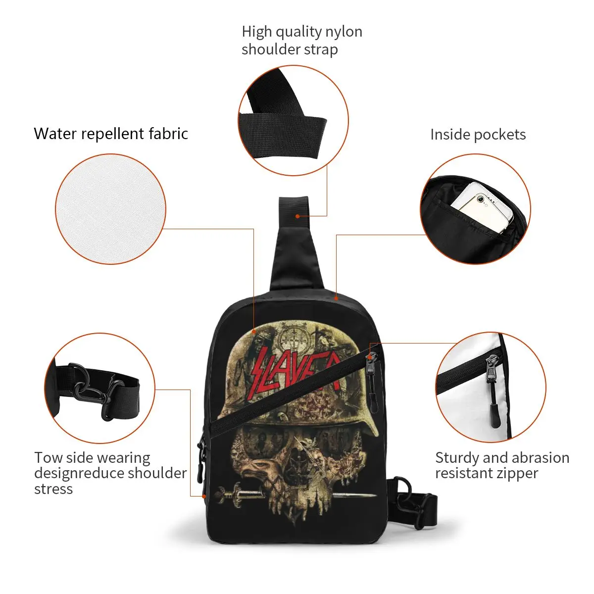 Custom Cool Thrash Metal Band Slayers Sling Bag for Cycling Camping Men's Crossbody Chest Backpack Shoulder Daypack