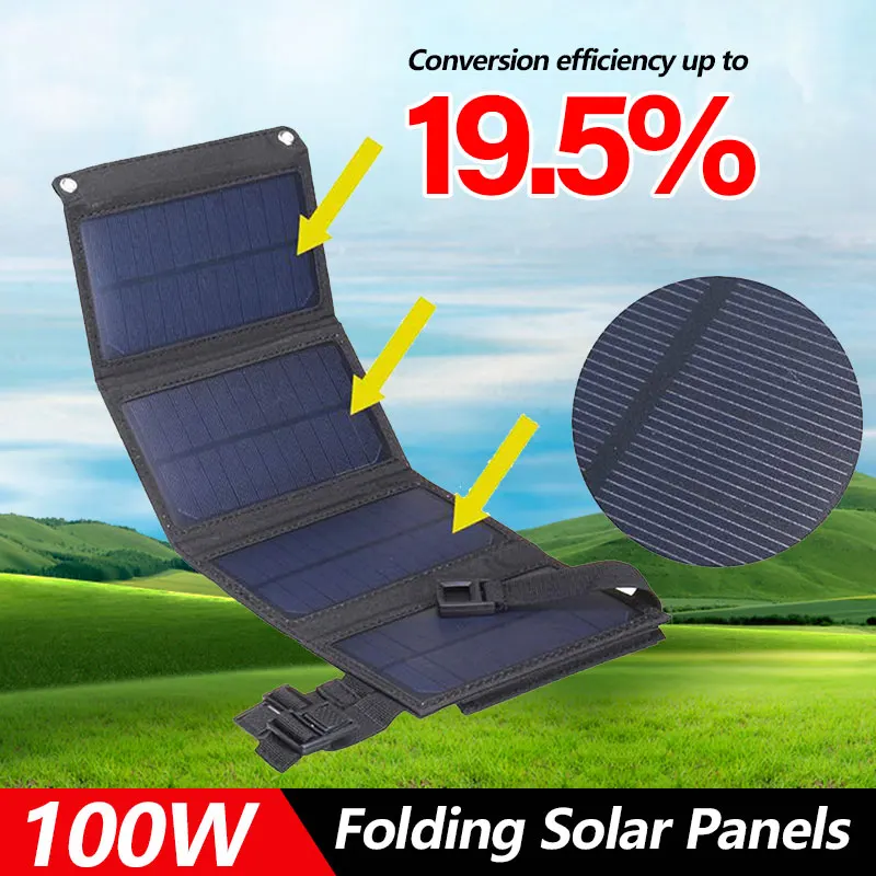 

2023 New 100W Foldable Solar Panel Kit 5V USB Sunpower Solar Cells Bank Pack Waterproof Solar Plate for Outdoor Camping Hiking