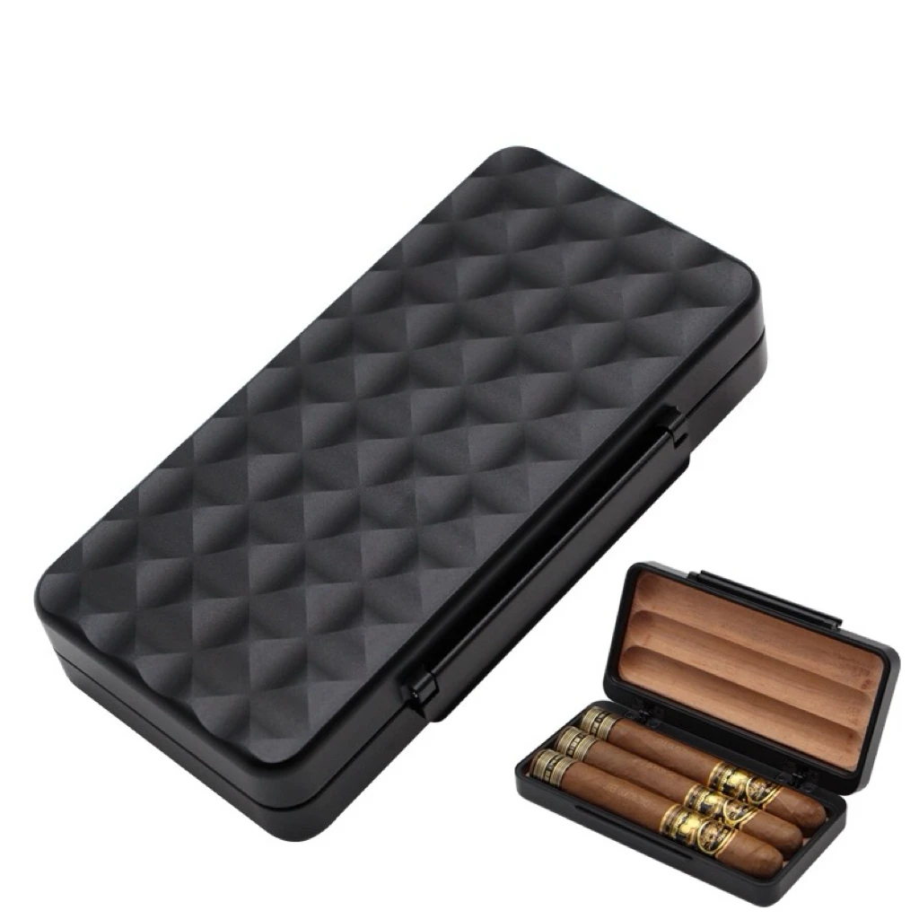 Aluminum Alloy Diamond Grid Pattern Moisturizing Cigar Box, With Cedar Wood Lining For A 3-Pack Cigar Box.