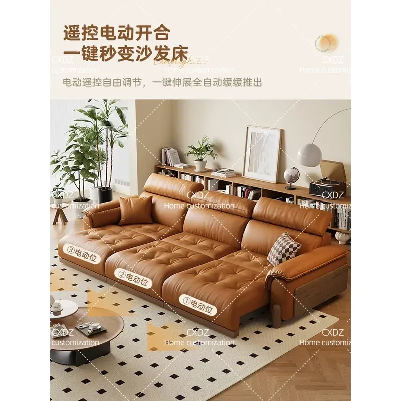 Genuine Leather Electric Sofa Bed Antique Multi Functional Retractable Retro Style First Layer Cowhide Sofa for Living Room