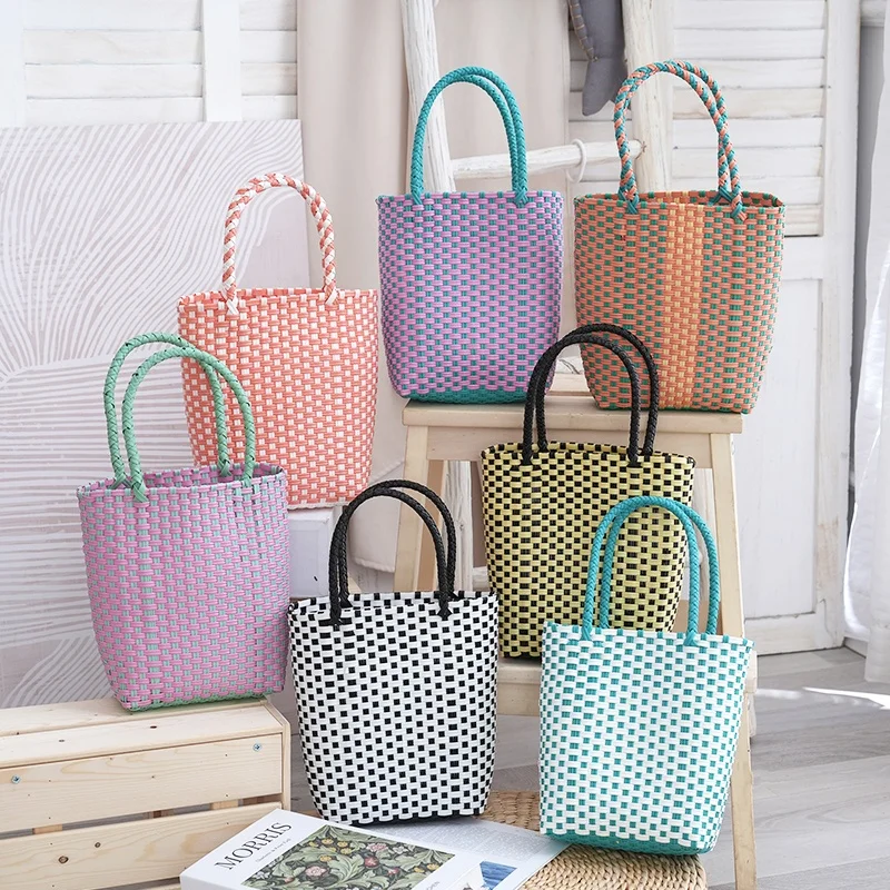 

2025 Hand Woven Vegetable Basket Handbag Beach Cam Picnic Multi-Functional Small Durable PP Material Buet ape Bag