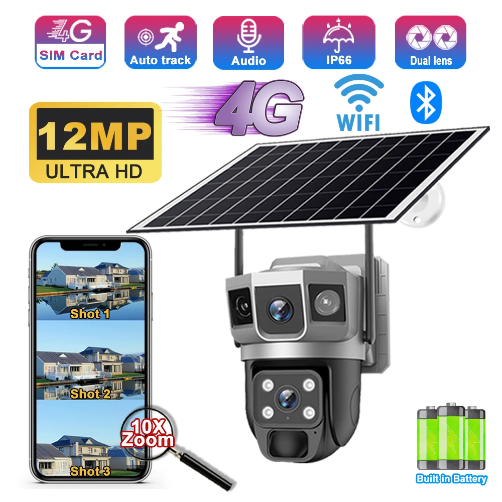 

V380 Pro Solar Camera 4G Wifi Outdoor Dual Lens Three Screens 12MP 10X Zoom Outdoor CCTV Waterproof PIR Human Detection Cameras