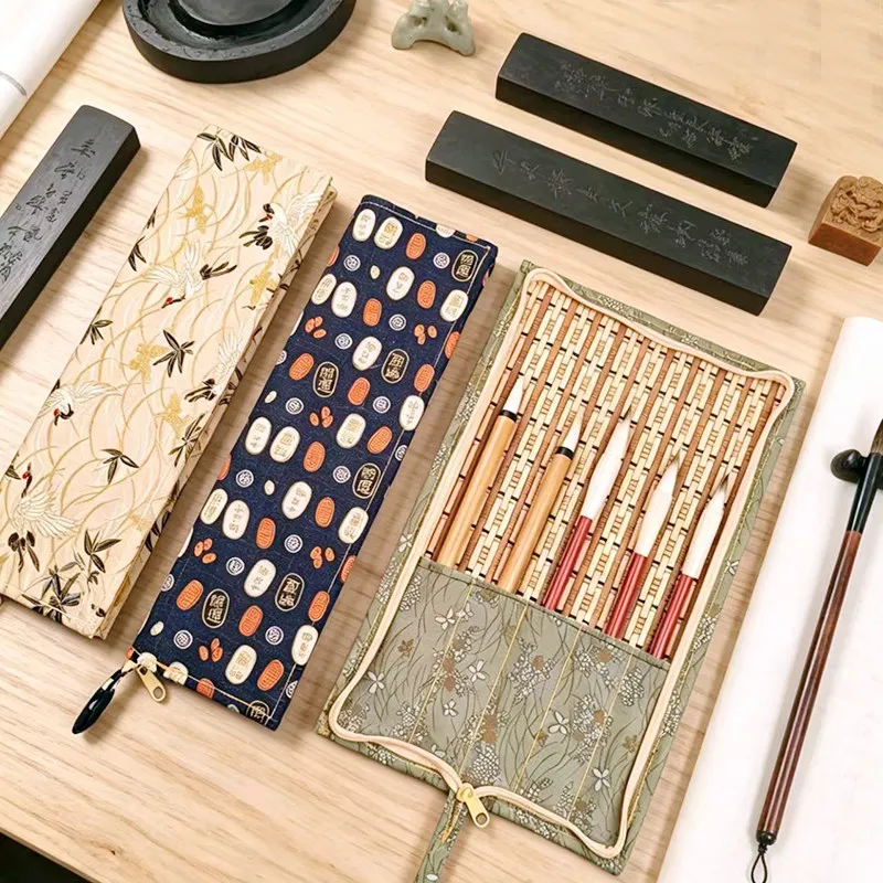 

Bamboo Calligraphy Brush Roll Case Calligraphy Painting Brush Storage Bag Zipper Pouch Portable Large Capacity Roll Up Organizer
