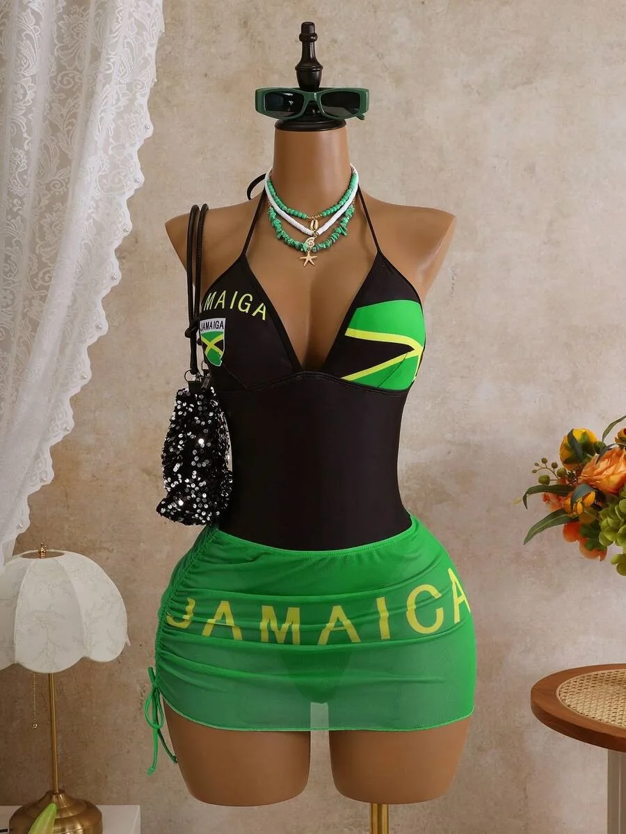 Women Jamaica Flag Print Halter One Piece Swimsuit Deep V Neck High Cut Slim Swimwear Summer Beach Vacation Bathing Suit