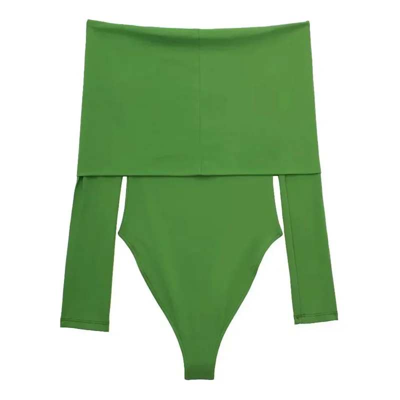 Bodysuit ombro fora TRAF feminino, lingerie de corpo sem costas, manga longa sexy, tanga de corte alto, verde e branco, preto e branco