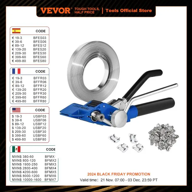 VEVOR Pallet Banding Strapping Kit 100ft Length with Strapping Tensioner Packaging Tool 100 Metal Seals for Warehouses Packing