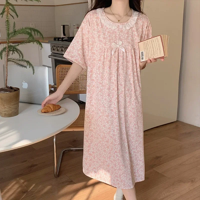 100kg Plus Size Loose Pajamas Women Summer Imitation Cotton Long Nightdress Short Sleeve Lace Literary Floral Dress Home Clothes