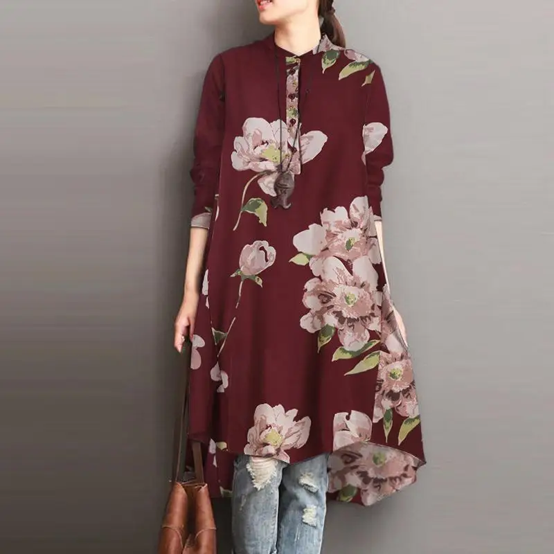 Women's Floral Print Button up irt Dr mid Length A-Line Skirt Polyester Fabric Long Sve Basic Sle Commute Sle