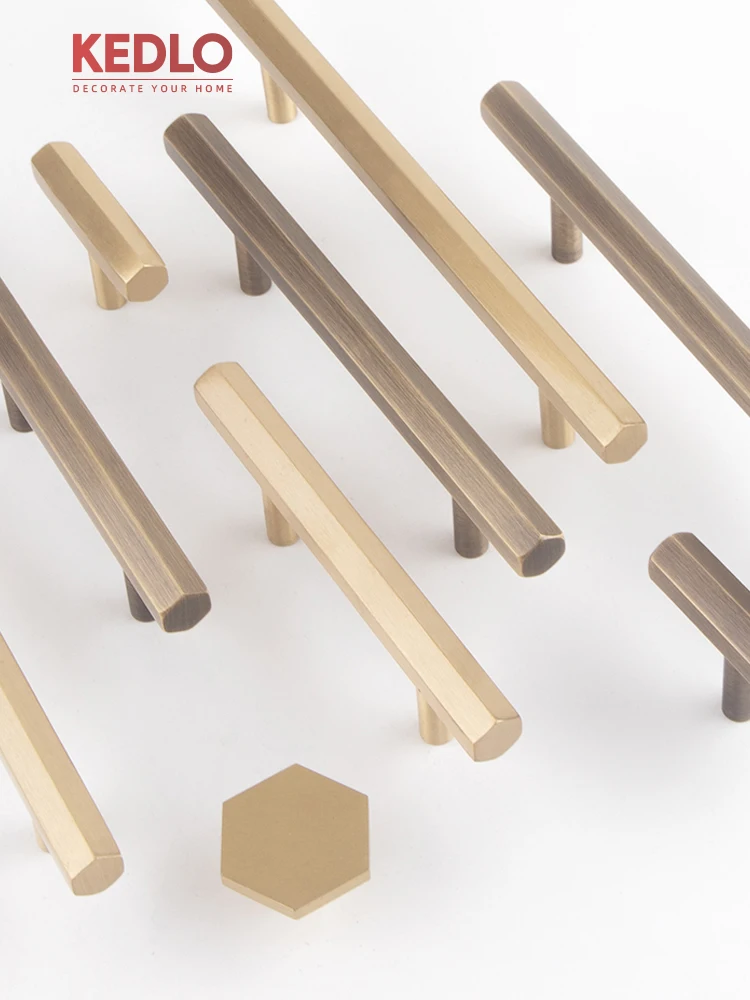 KEDLO Modernes minimalistisches hexagonales Design, massiver Messing-T-Griff für Küchenschrank-Schubladen, antiker Messinggriff – Detail 4