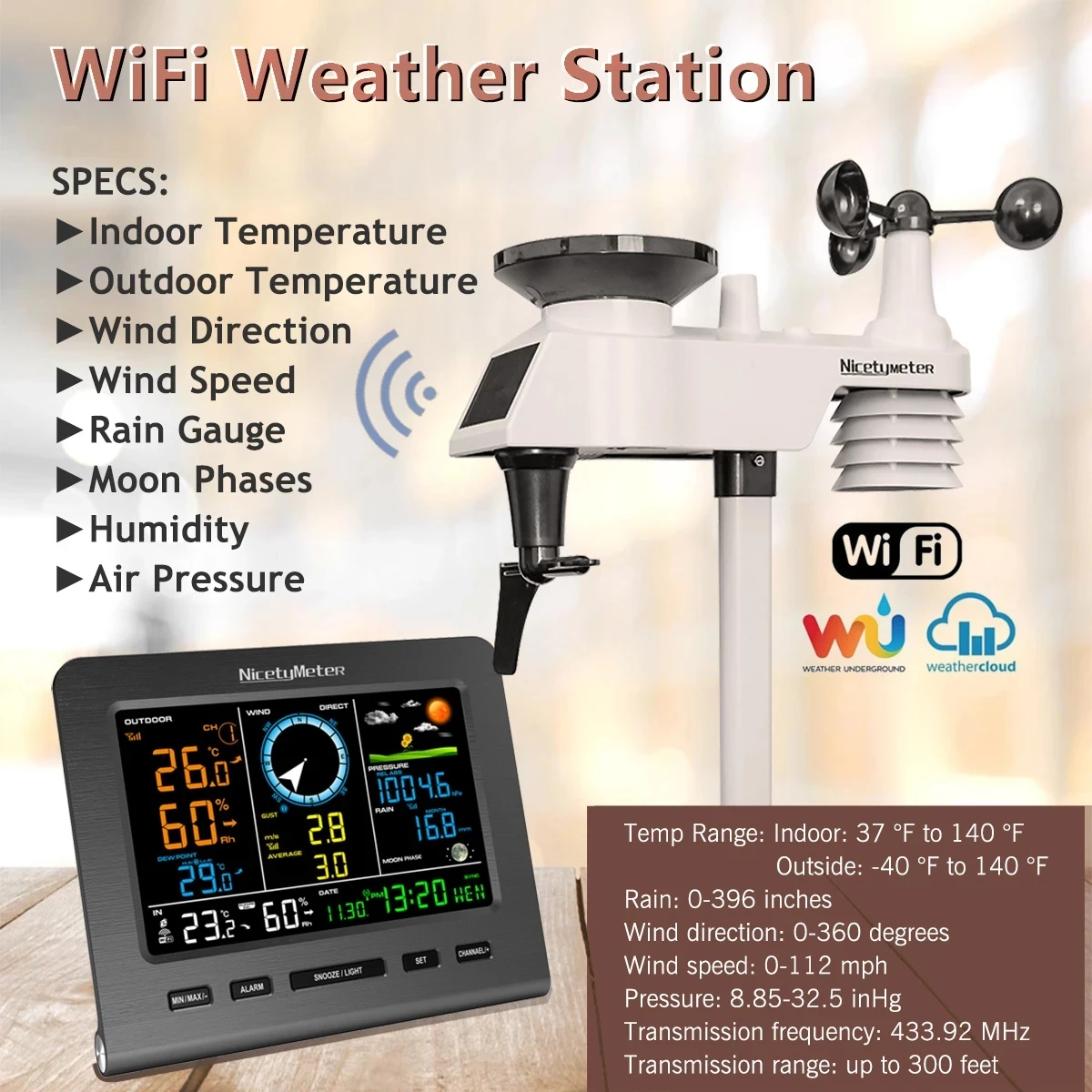 Internet Wireless Weather Station previsioni del tempo temperatura pressione umidità vento Rain Gauge Moon frase Alarm Clock Tester