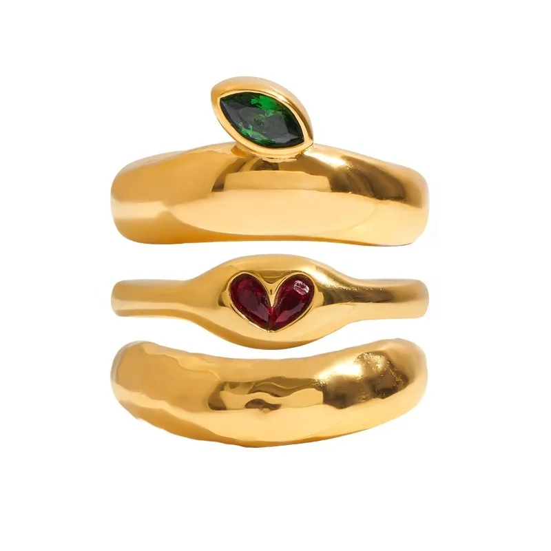 

Minar French Size 7 CZ Zircon Red Heart Green Oval Irregular Chunky Cocktail Ring for Women 18K Gold PVD Plated Stainless Steel